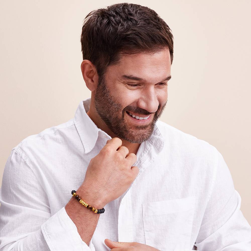 Lava Stones & Tiger Eye Stones - Gold Men's Beaded Bracelet-3 product photo