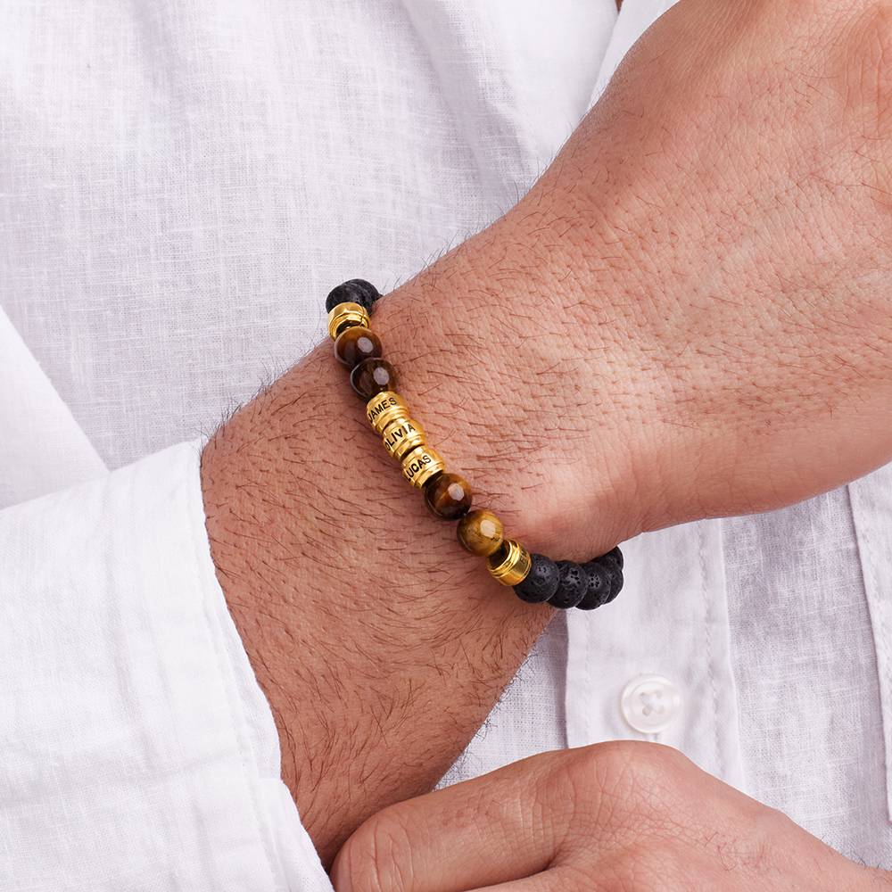 Lava Stones & Tiger Eye Stones - Gold Men's Beaded Bracelet-4 product photo