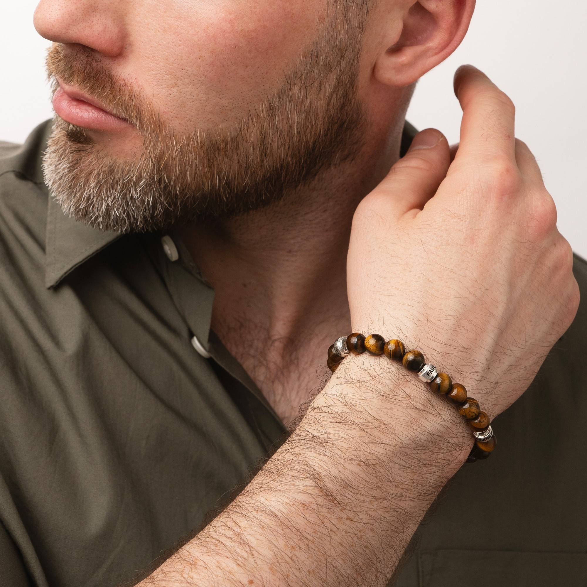 Leo Personalized Tiger Eye Bracelet for Men with Sterling Silver Beads-2 Leo Personalized Tiger Eye Bracelet for Men with Sterling Silver Beads-2 product photo