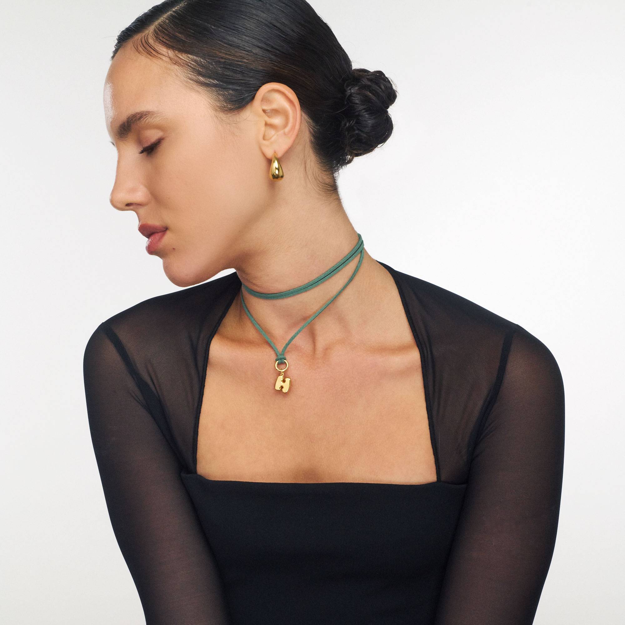 Matcha Green Bubble Initial Necklace - Gold Vermeil-2 product photo