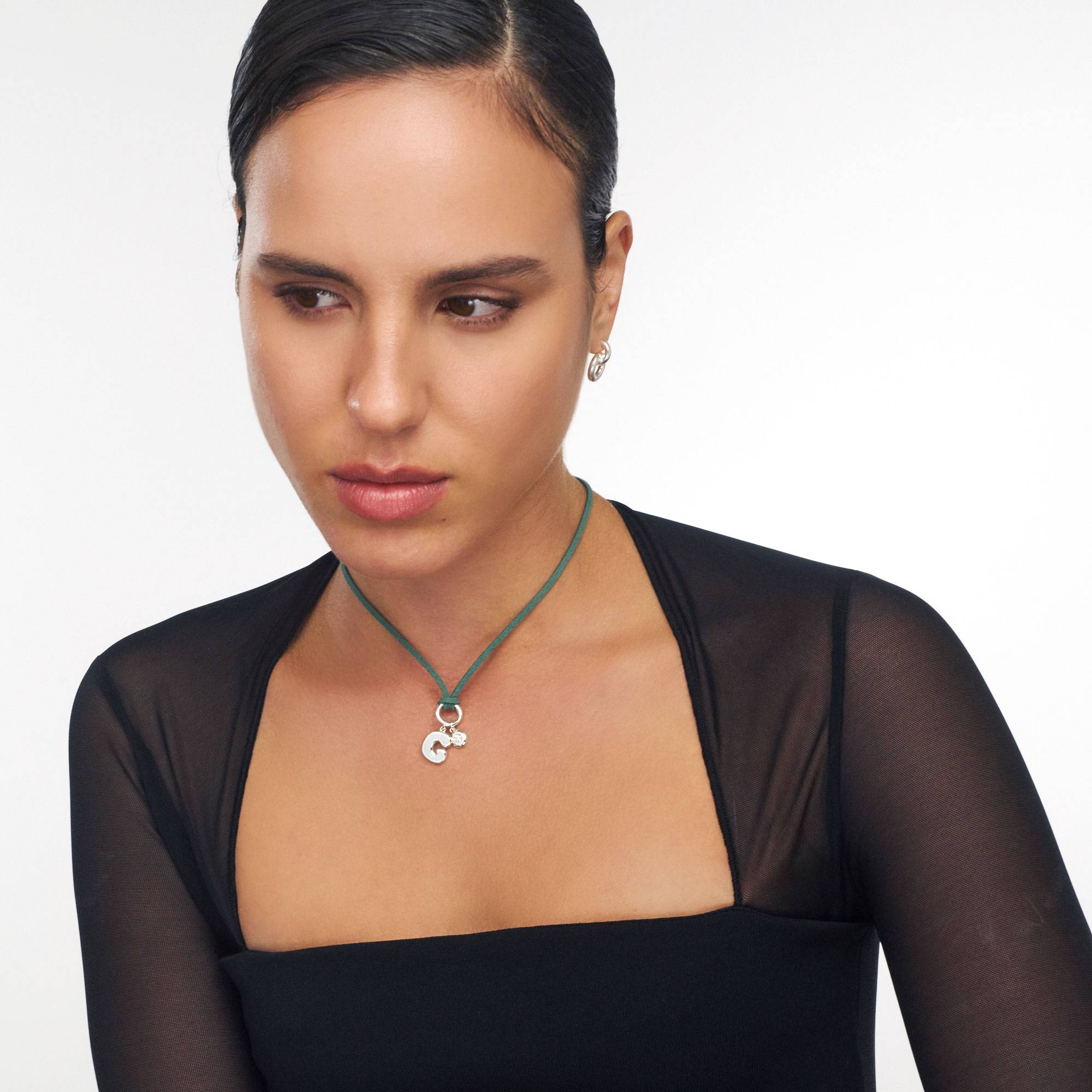 Matcha Green Bubble Initial Necklace with Diamond - Silver-4 product photo