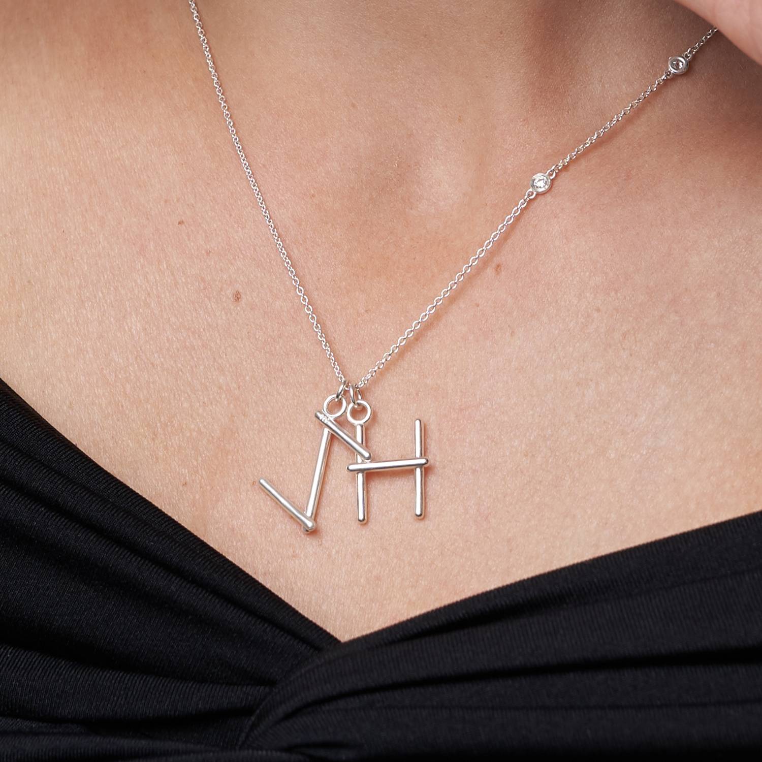 Matchstick Initial Necklace with Diamonds- Silver-4 product photo