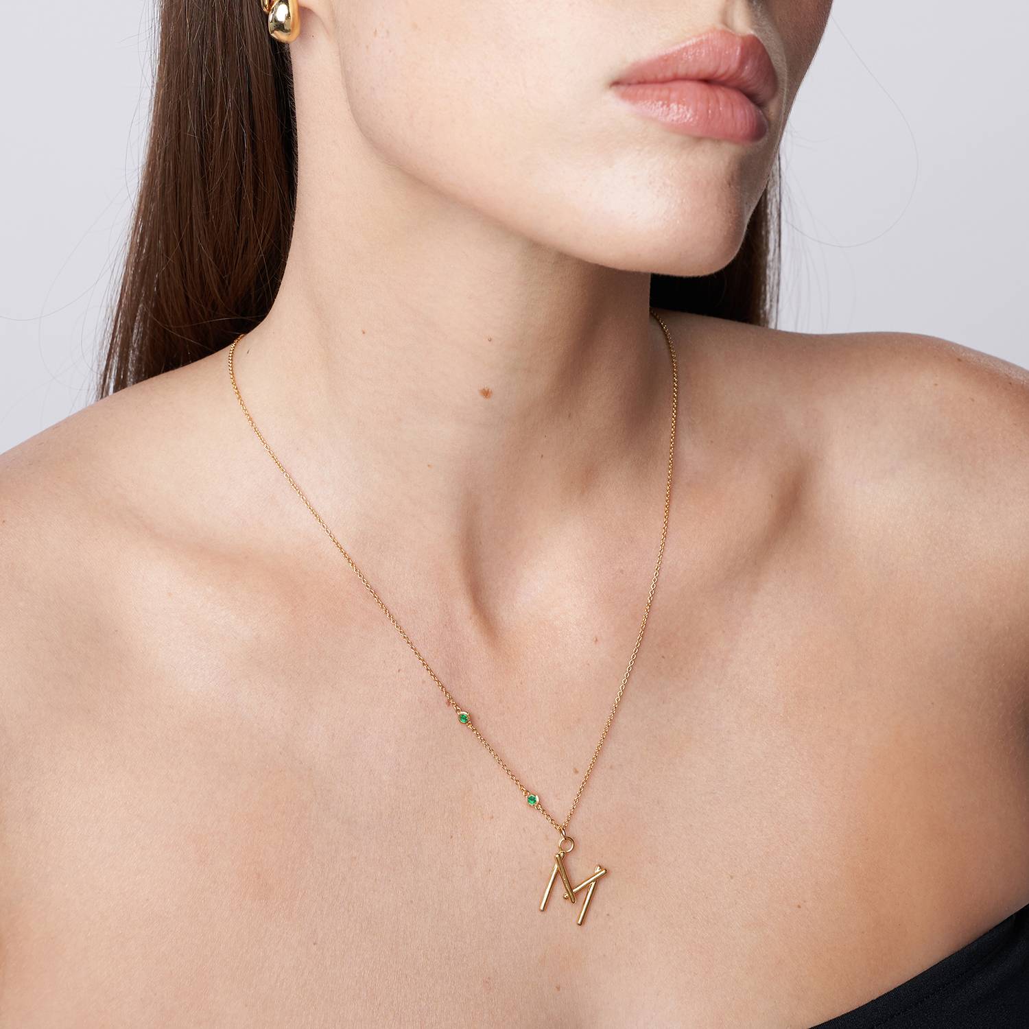 Matchstick Initial Necklace with Green Emerald - Gold Vermeil-3 product photo