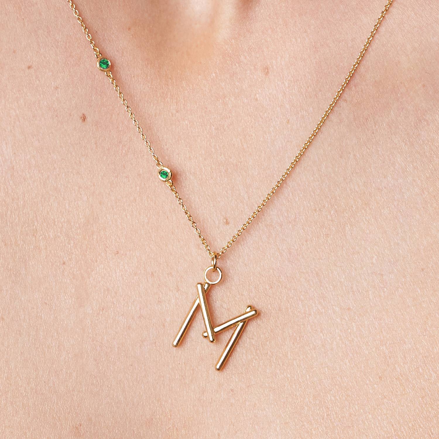 Matchstick Initial Necklace with Green Emerald - Gold Vermeil-1 product photo
