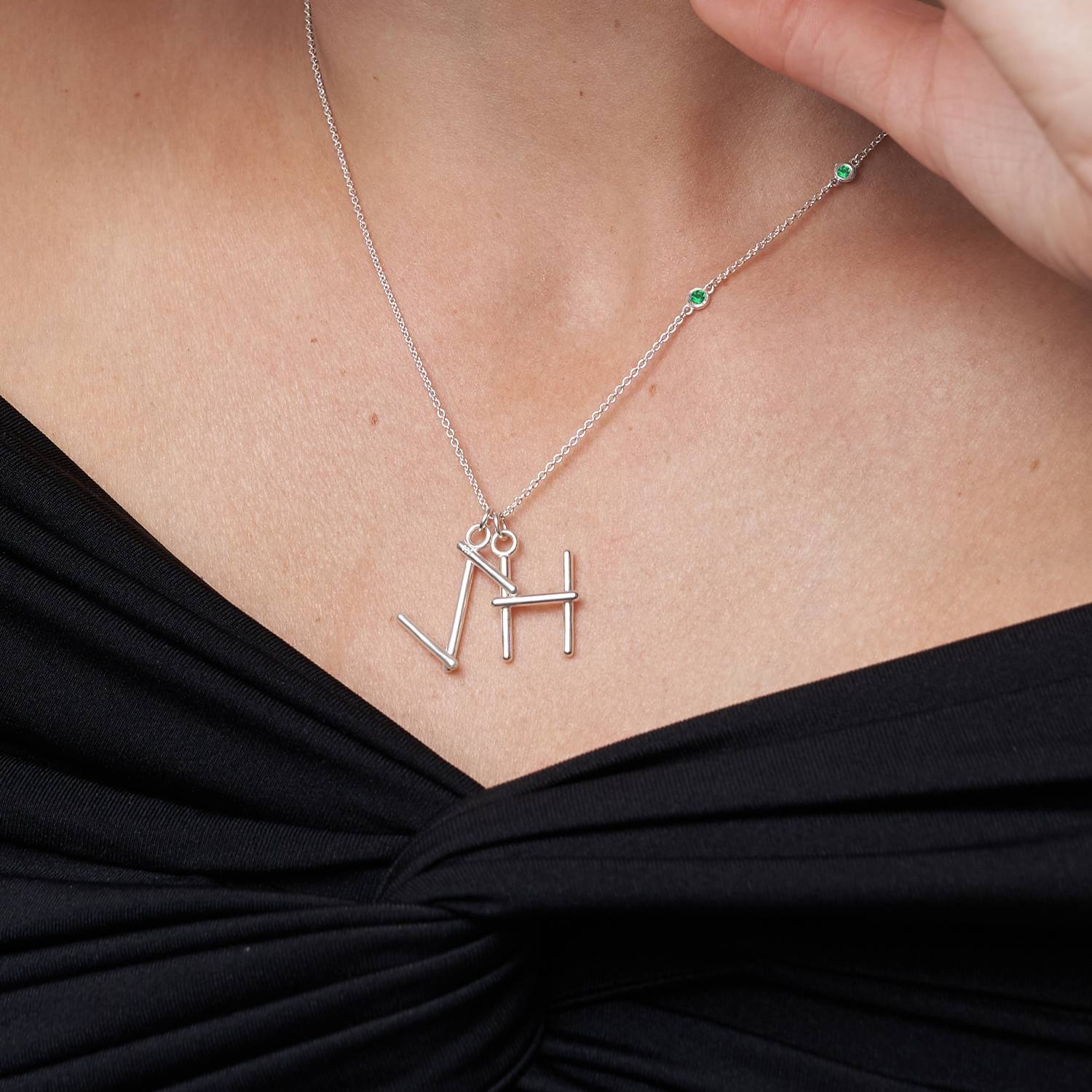 Matchstick Initial Necklace with Green Emerald- Silver-4 product photo