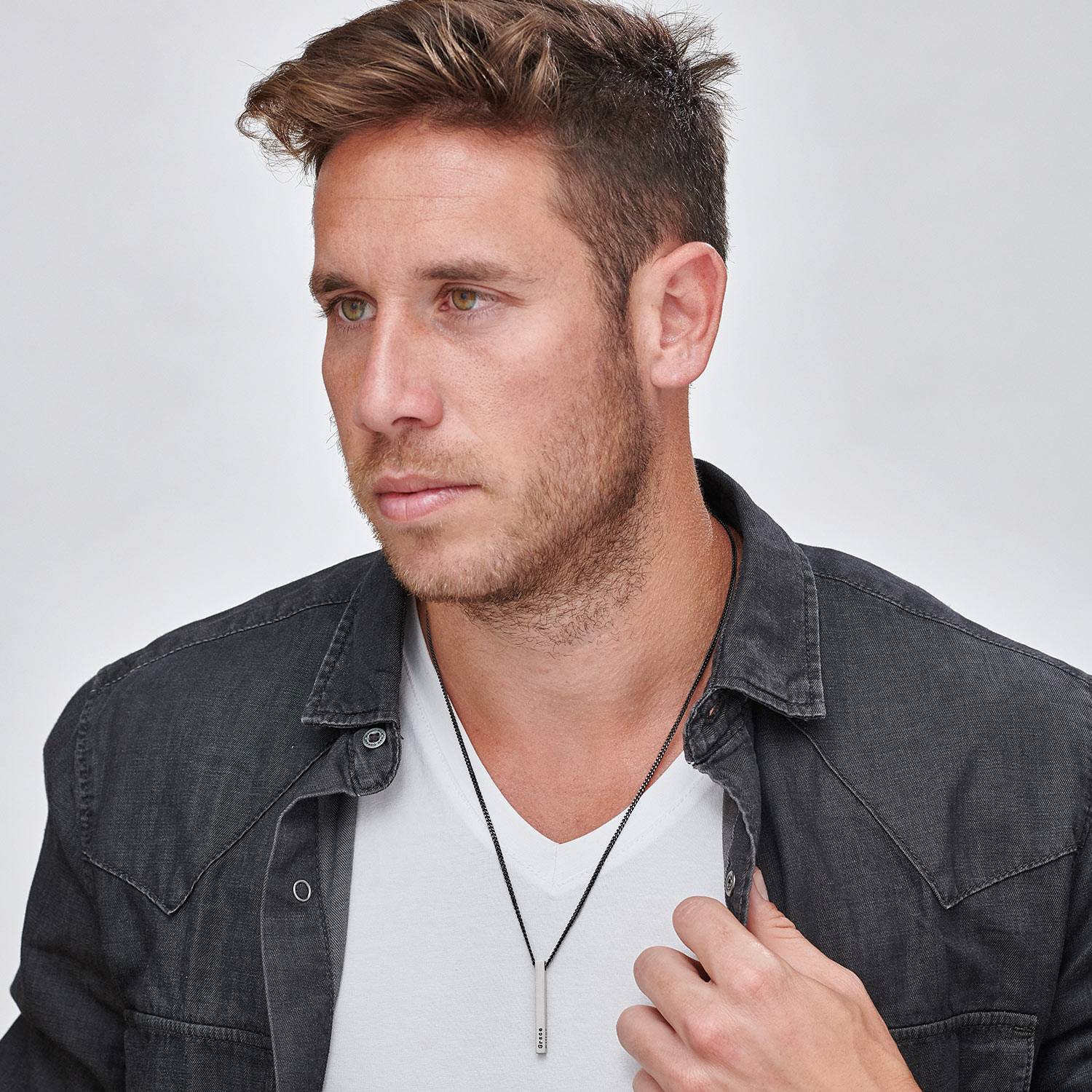 Men 3D Bar Necklace in Matte Silver-3 product photo
