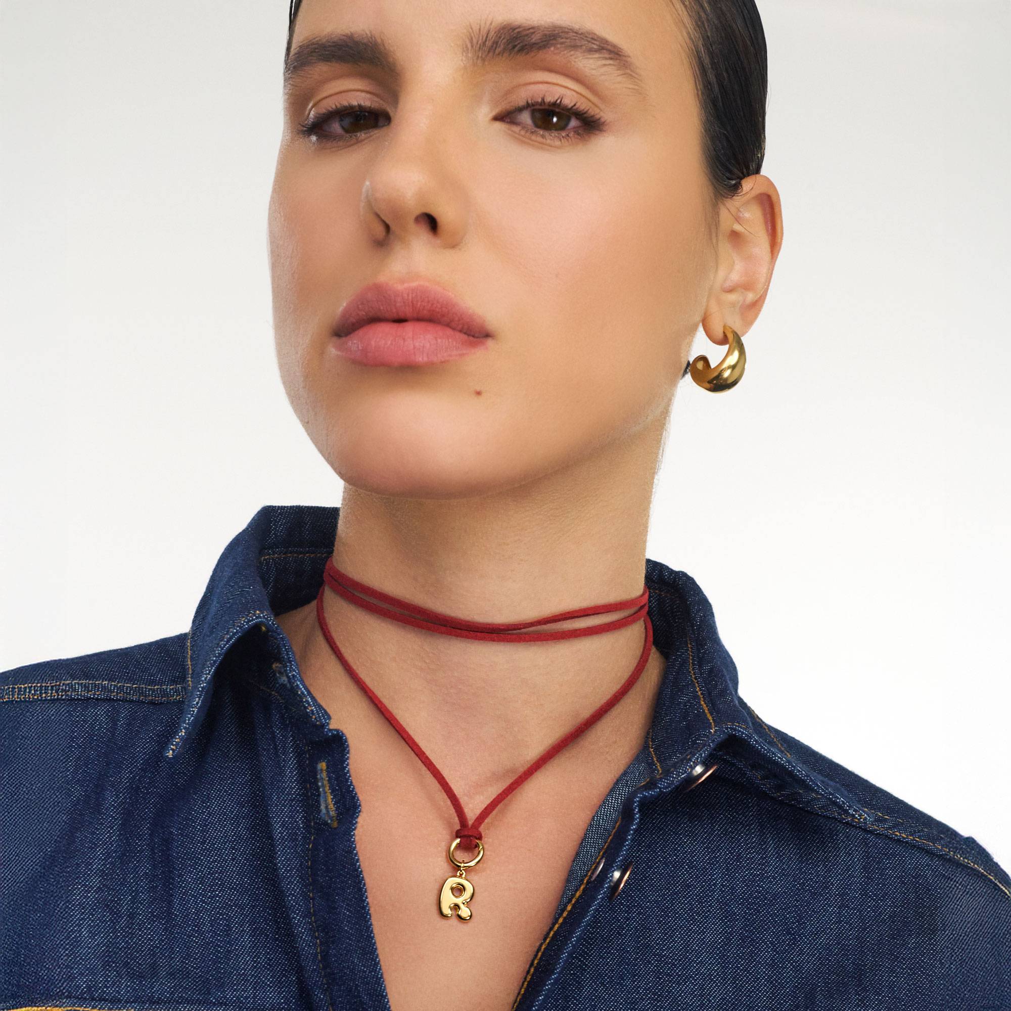 Merlot Red Bubble Initial Necklace - Gold Vermeil-1 product photo