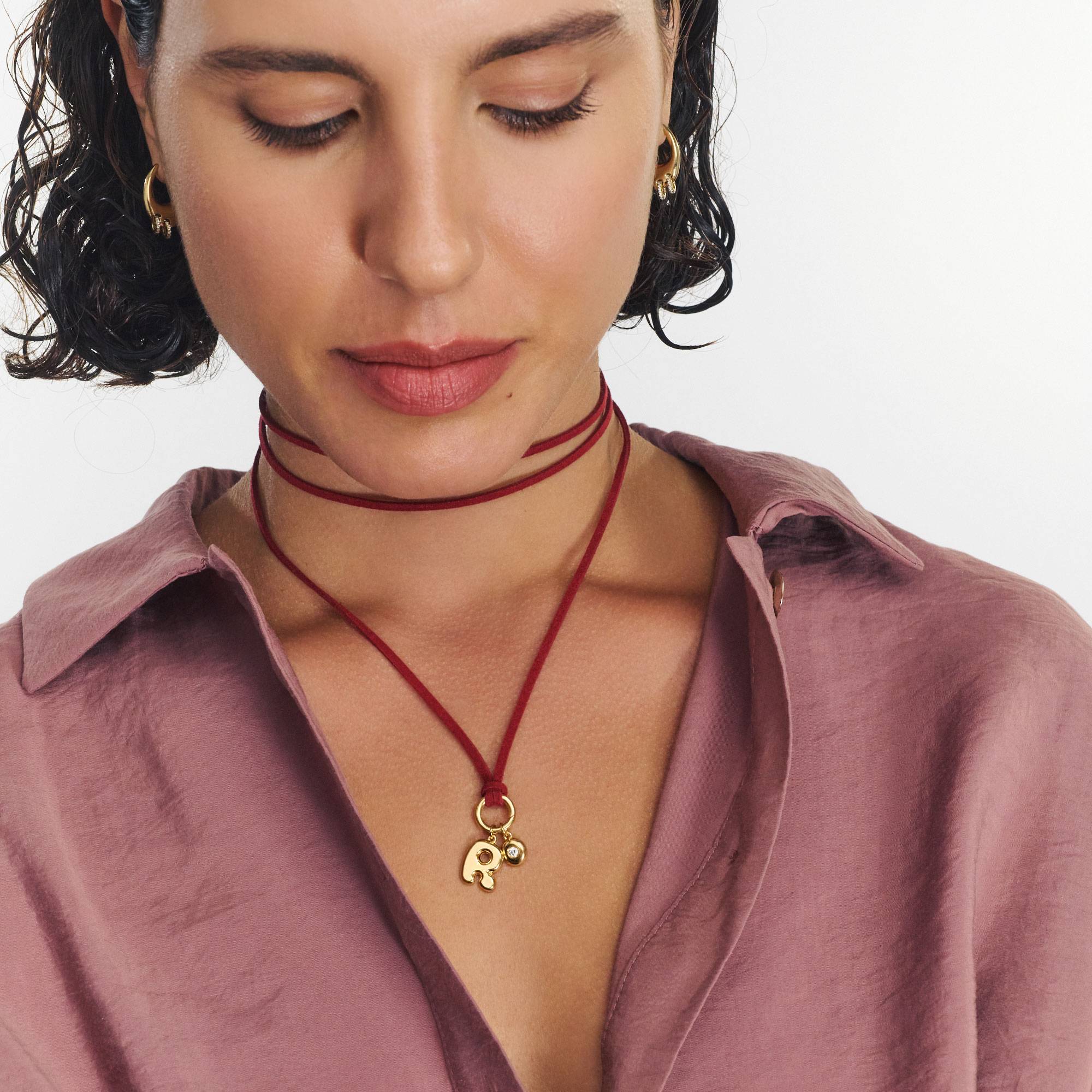 Merlot Red Bubble Initial Necklace with Diamond - Gold Vermeil-3 product photo