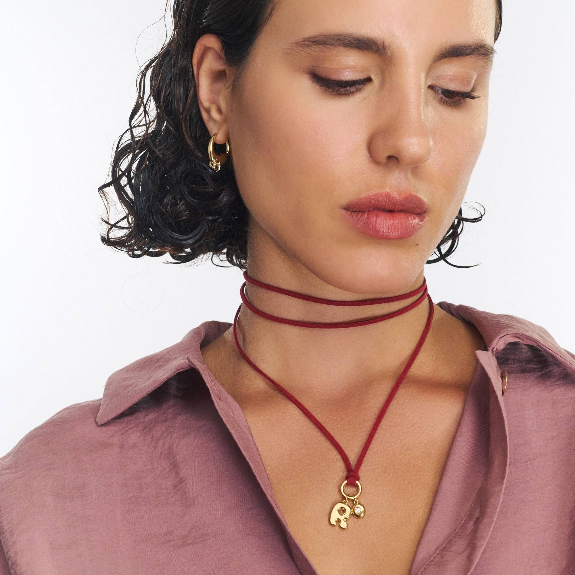 Merlot Red Bubble Initial Necklace with Diamond - Gold Vermeil-4 product photo