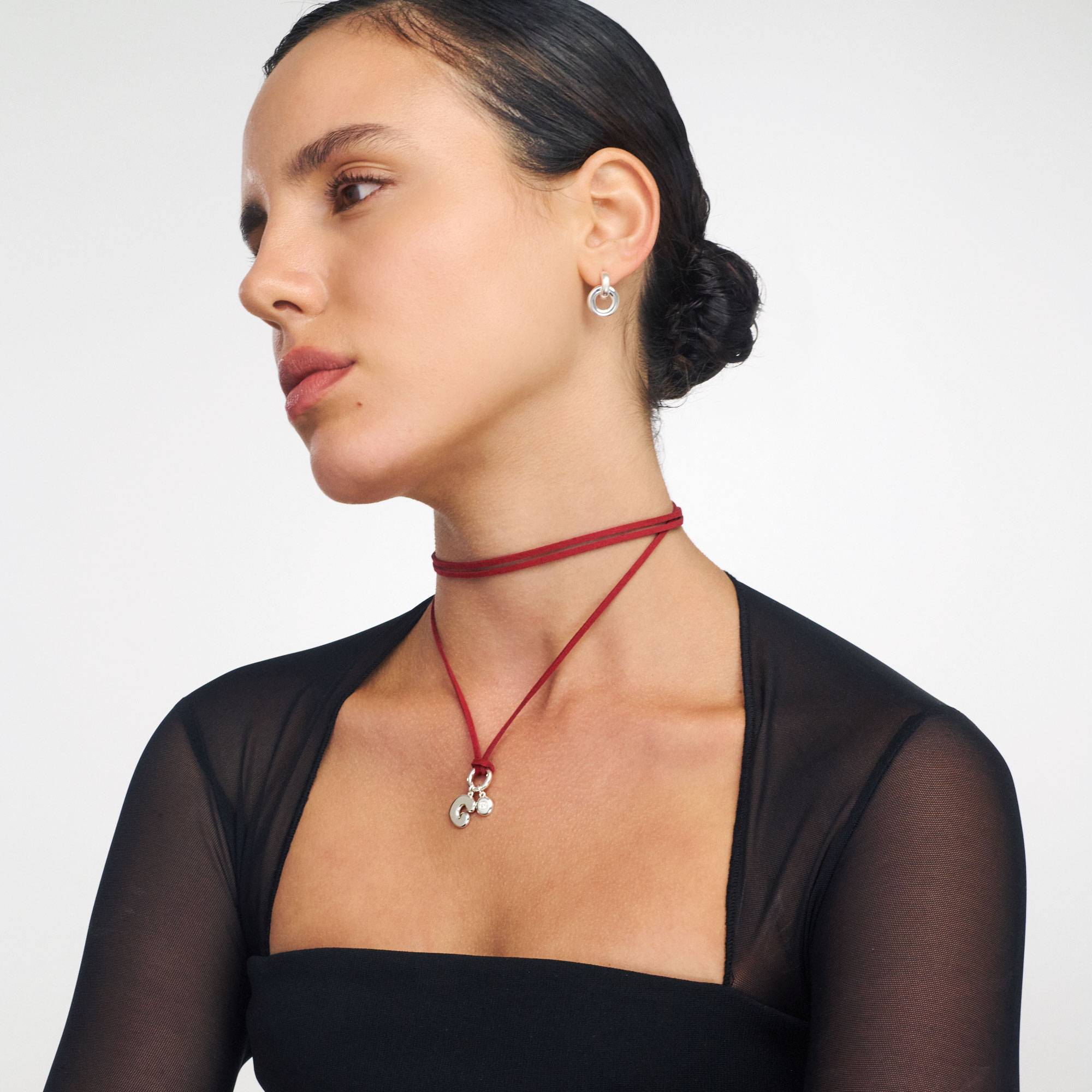 Merlot Red Bubble Initial Necklace with Diamond - Silver-1 product photo