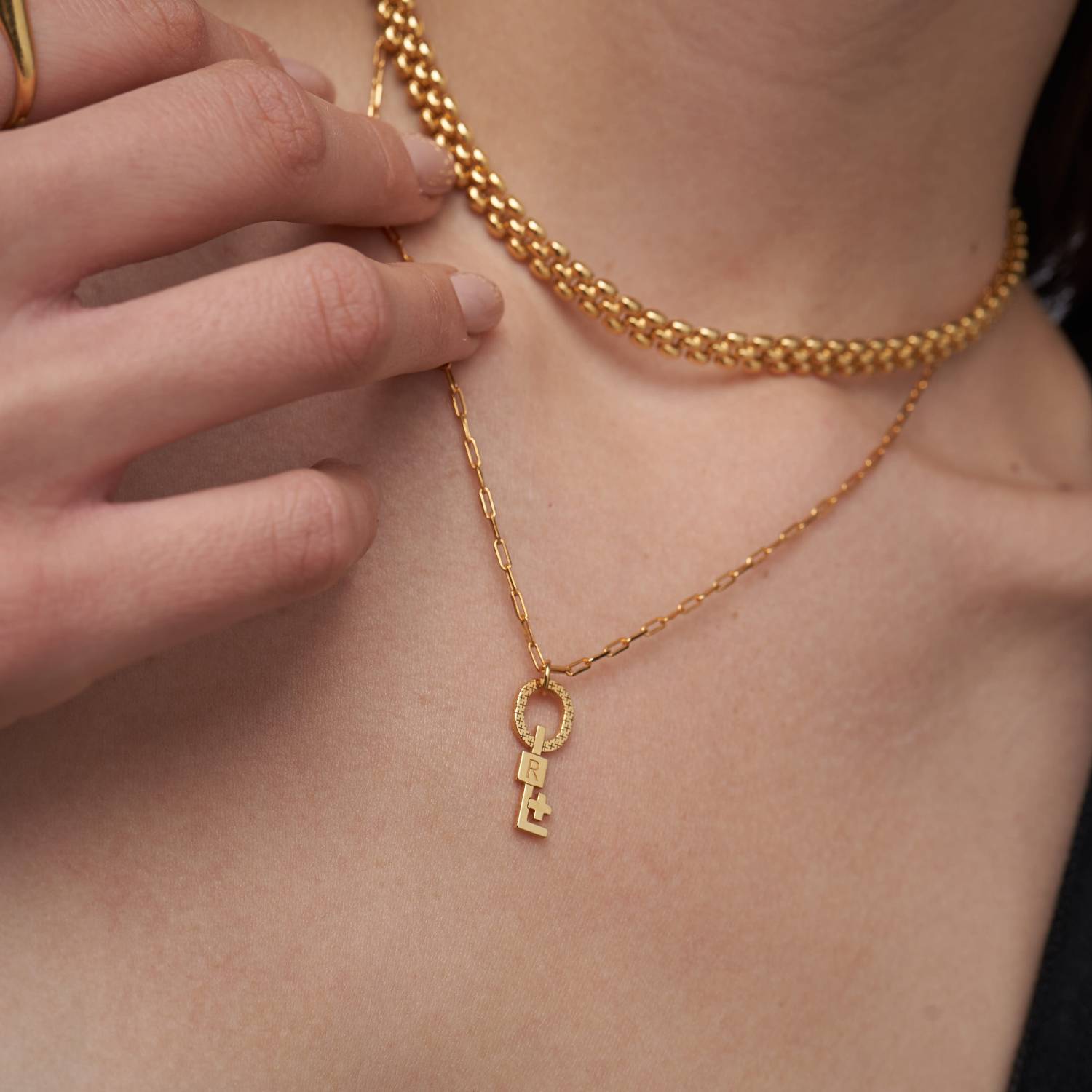 Oak&luna Engraved Key Charm Necklace - 14K Solid Gold-3 product photo