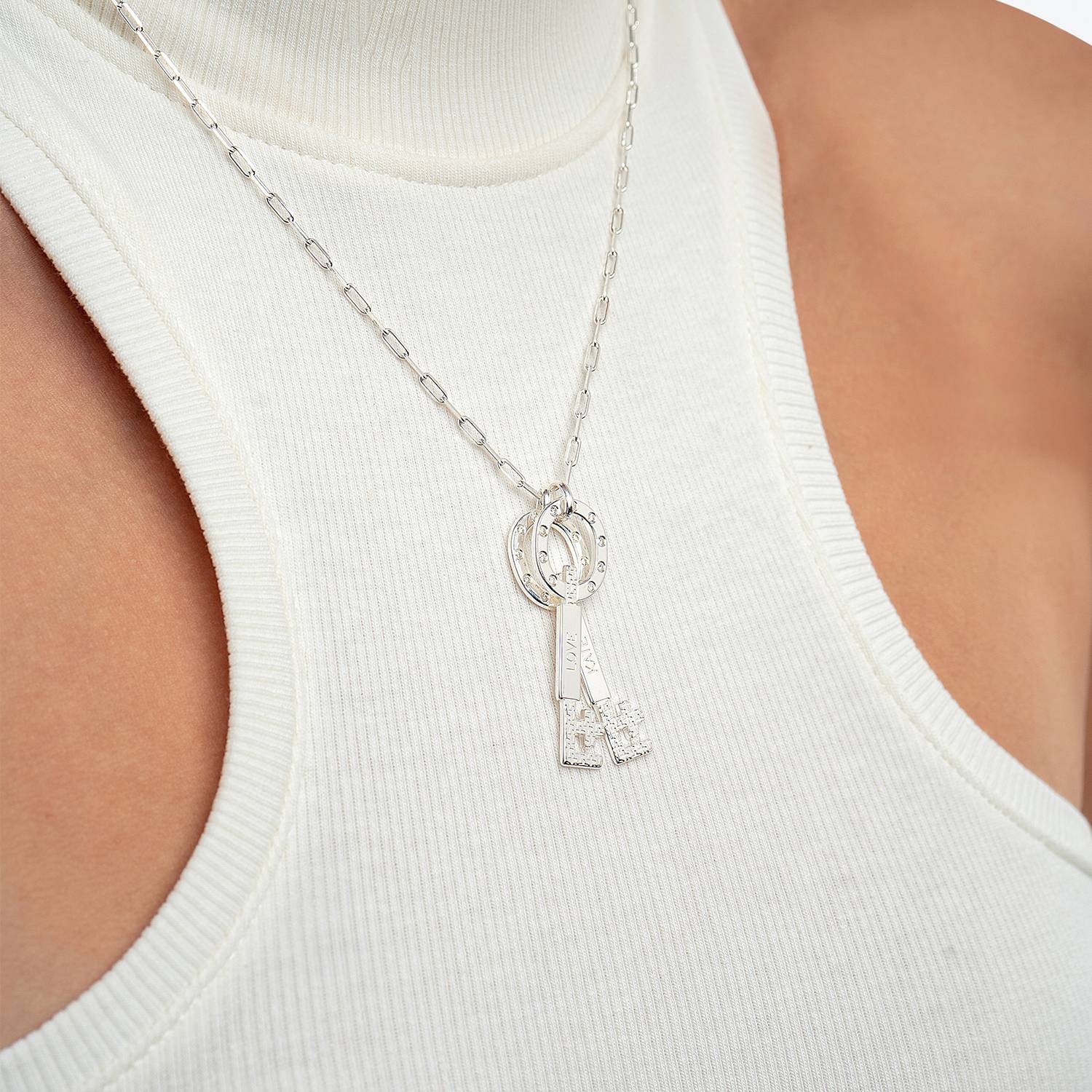 Oak&luna Engraved Key Charm Necklace With Diamonds - Silver-4 product photo