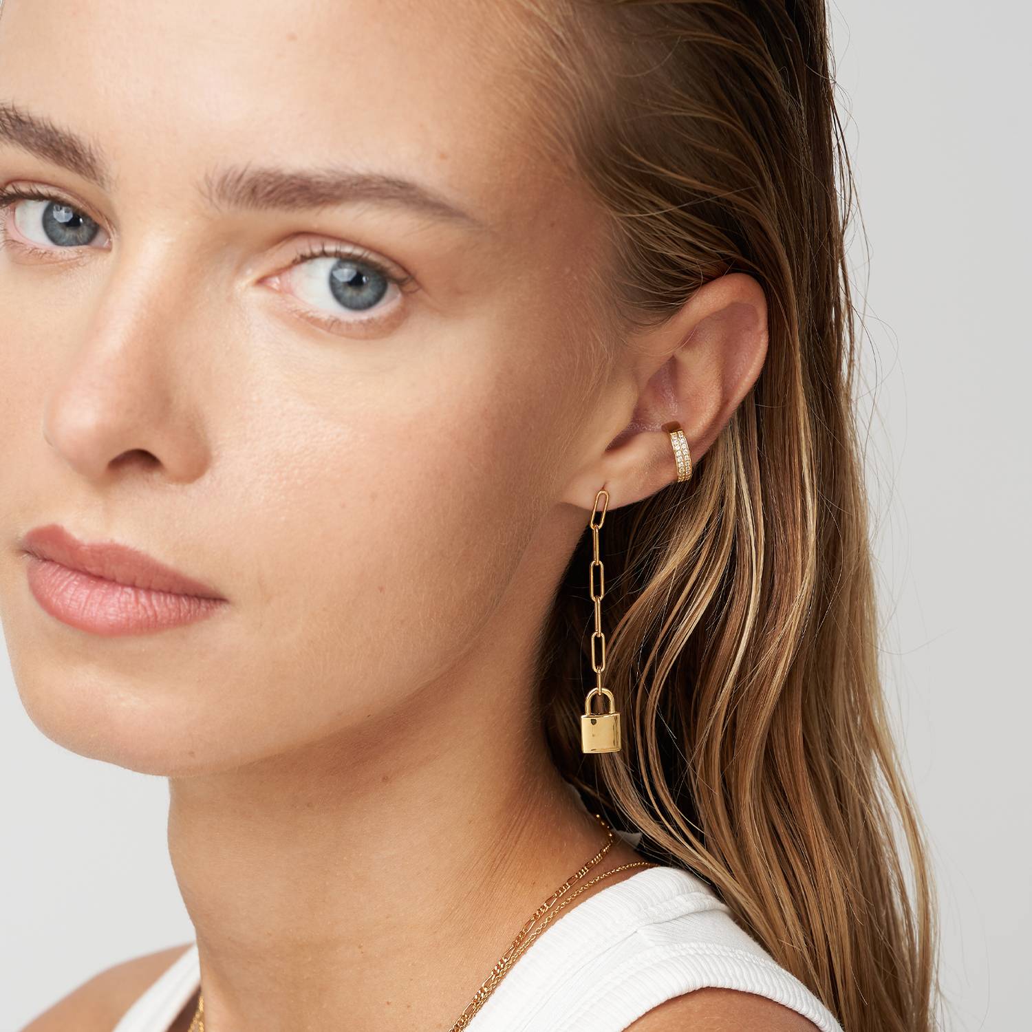 Lock Drop Stud Earrings- Gold Vermeil-4 product photo