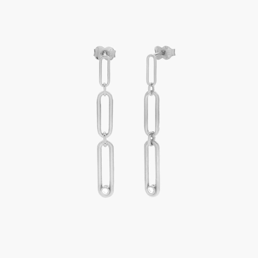 Paper Clip Drop Stud Earrings with Cubic Zirconia- Silver