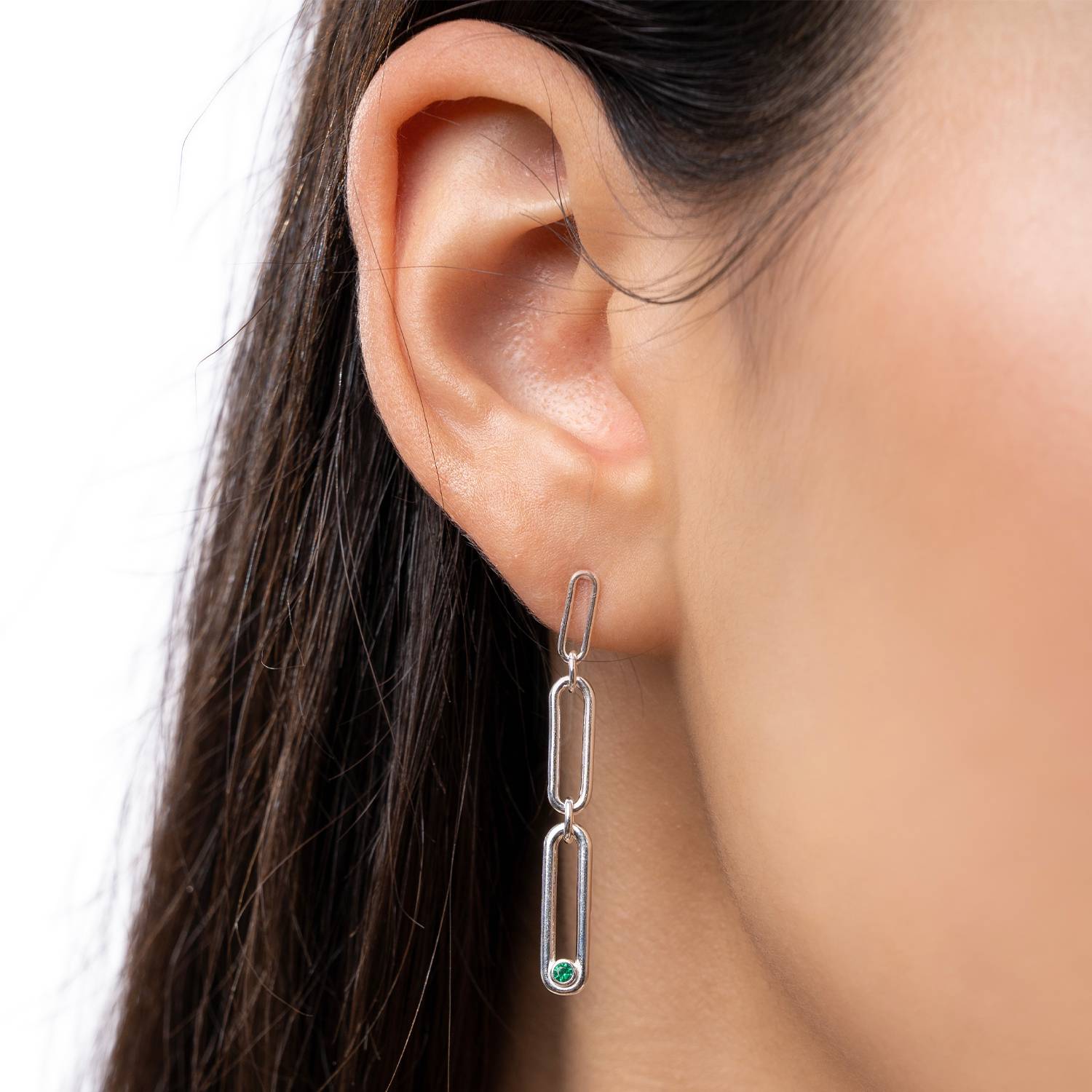 Paper Clip Drop Stud Earrings with Green Cubic Zirconia- Silver-3 product photo