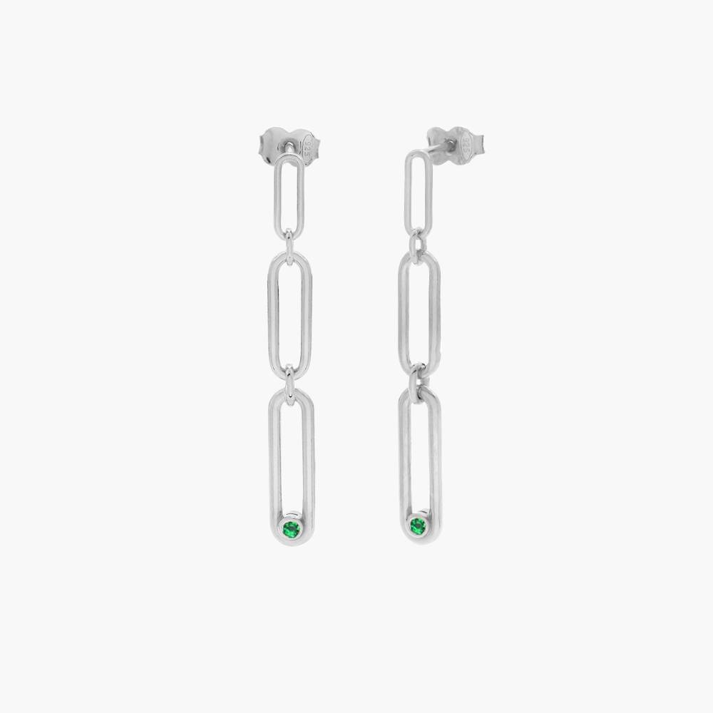 Paper Clip Drop Stud Earrings with Green Cubic Zirconia- Silver product photo