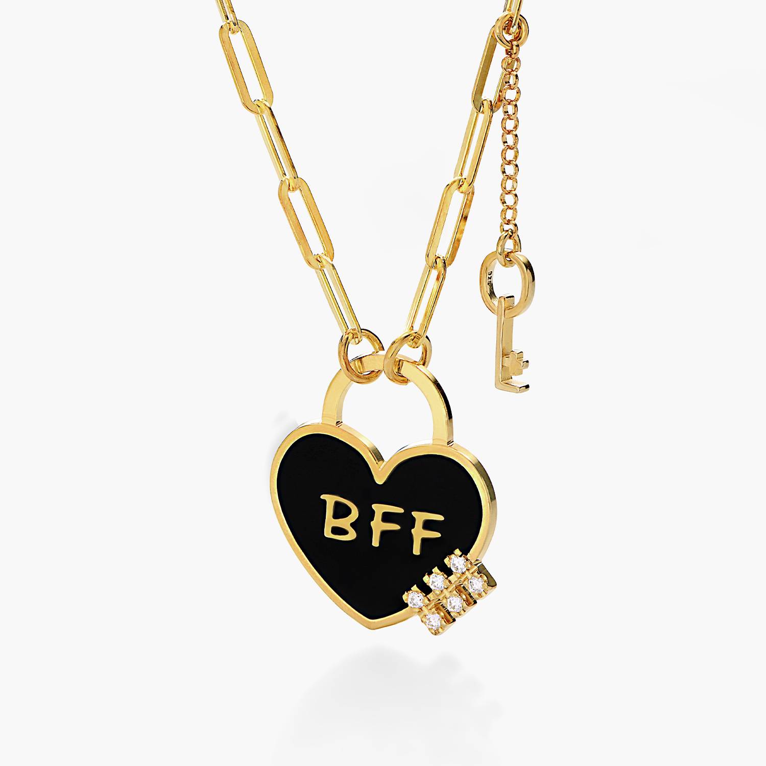 Personalized Heart On Lock and Key Necklace with Diamonds- Gold Vermeil product photo