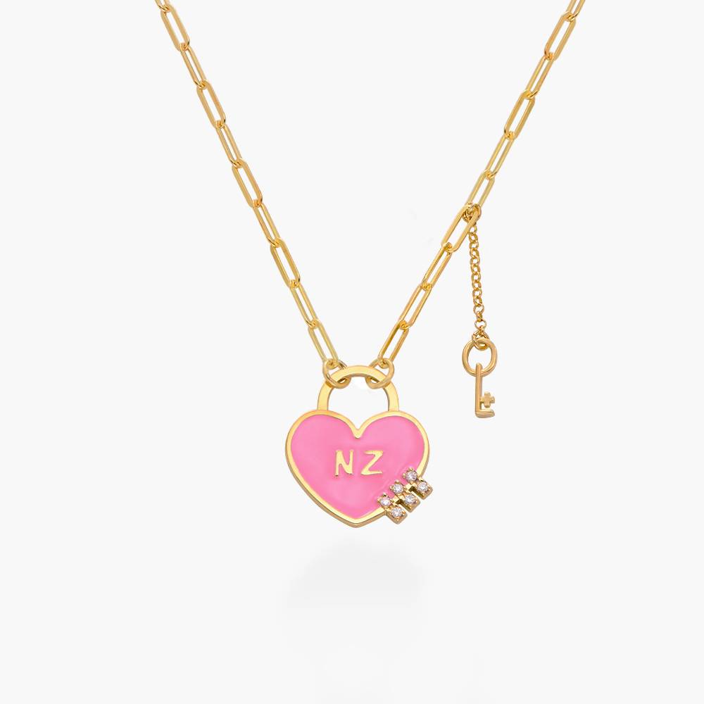 Personalized Heart On Lock and Key Necklace with Diamonds- Gold Vermeil-4 product photo