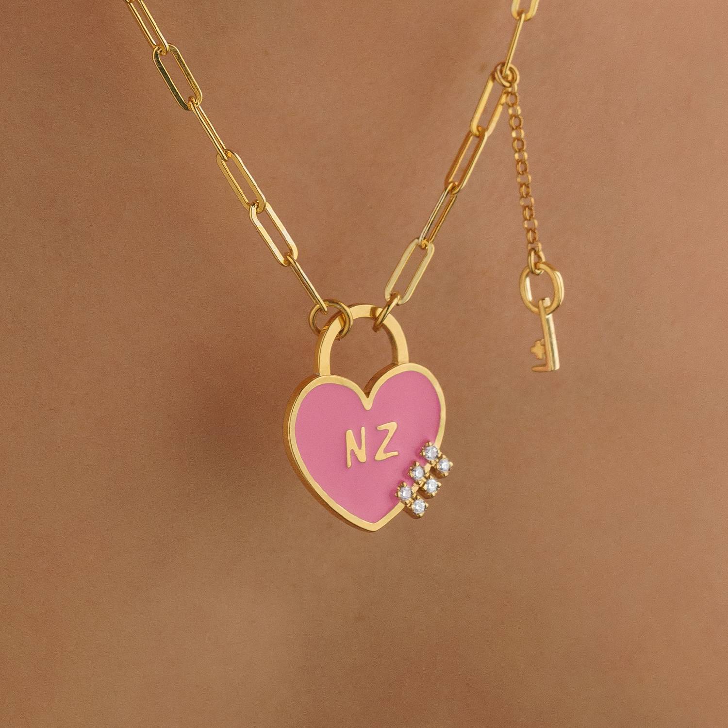 Personalized Heart On Lock and Key Necklace with Diamonds- Gold Vermeil-2 product photo
