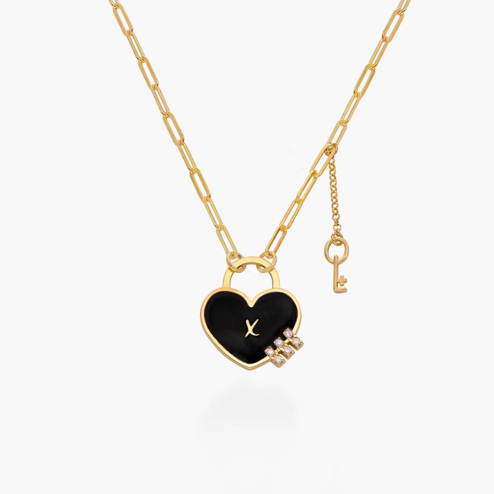 Personalized Heart On Lock and Key Necklace with Diamonds- Gold Vermeil-5 product photo