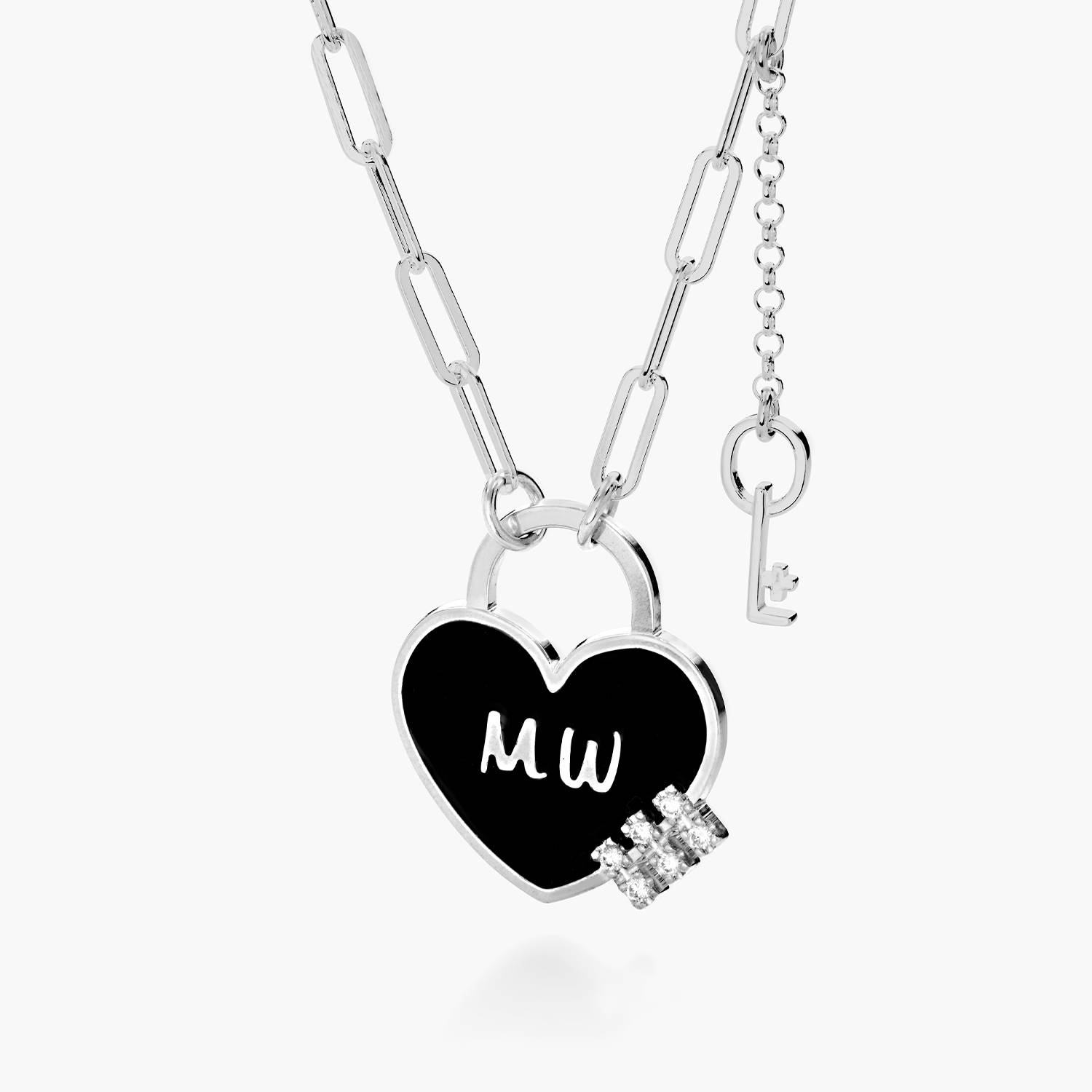 Personalized Heart On Lock and Key Necklace with Diamonds- Silver product photo
