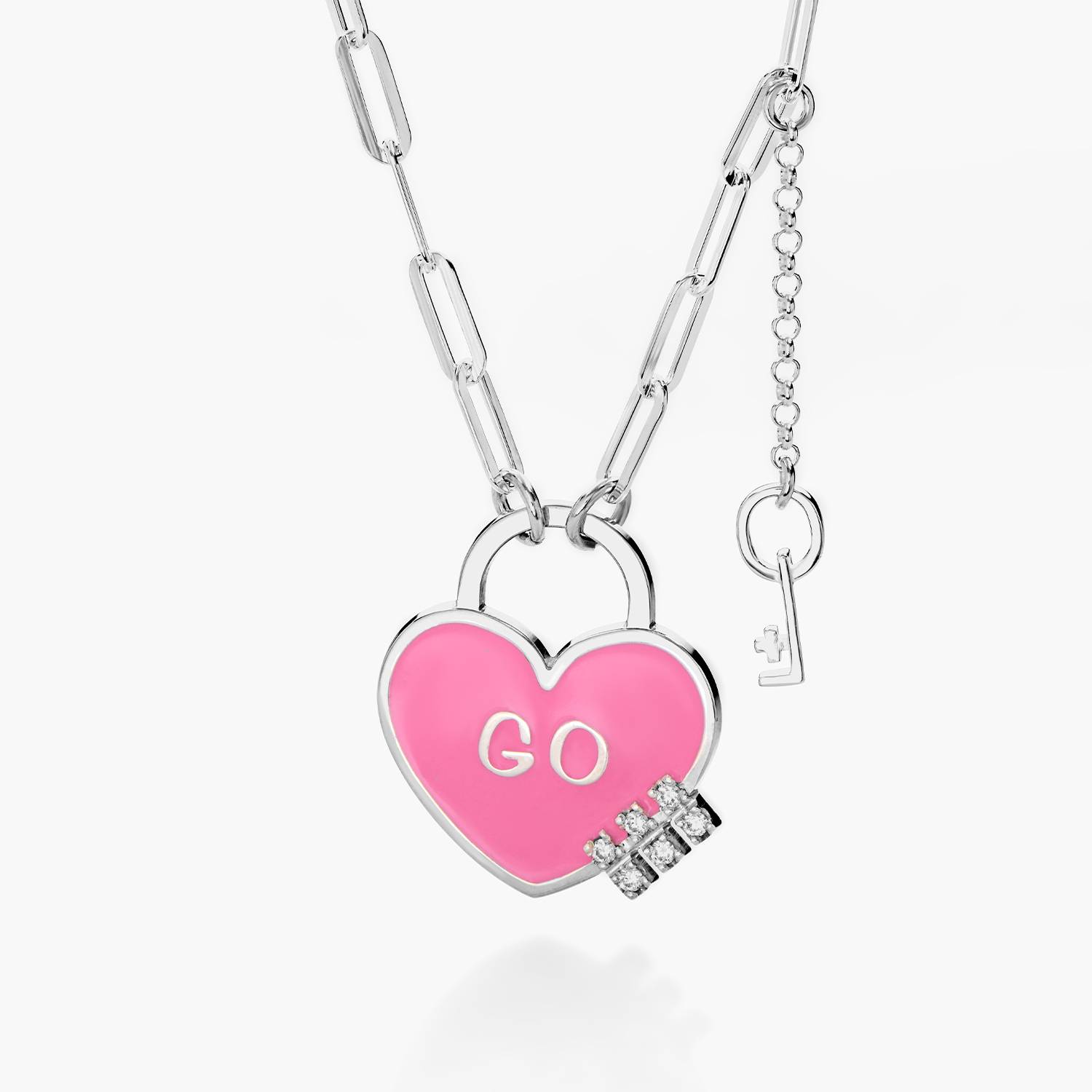 Personalized Heart On Lock and Key Necklace with Diamonds- Silver-3 product photo