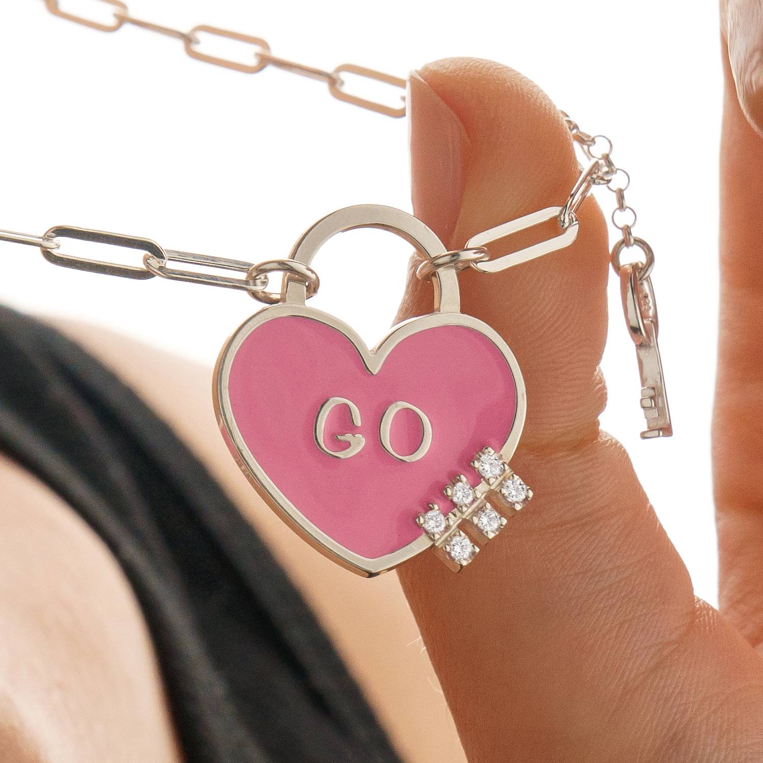 Personalized Heart On Lock and Key Necklace with Diamonds- Silver-1 product photo