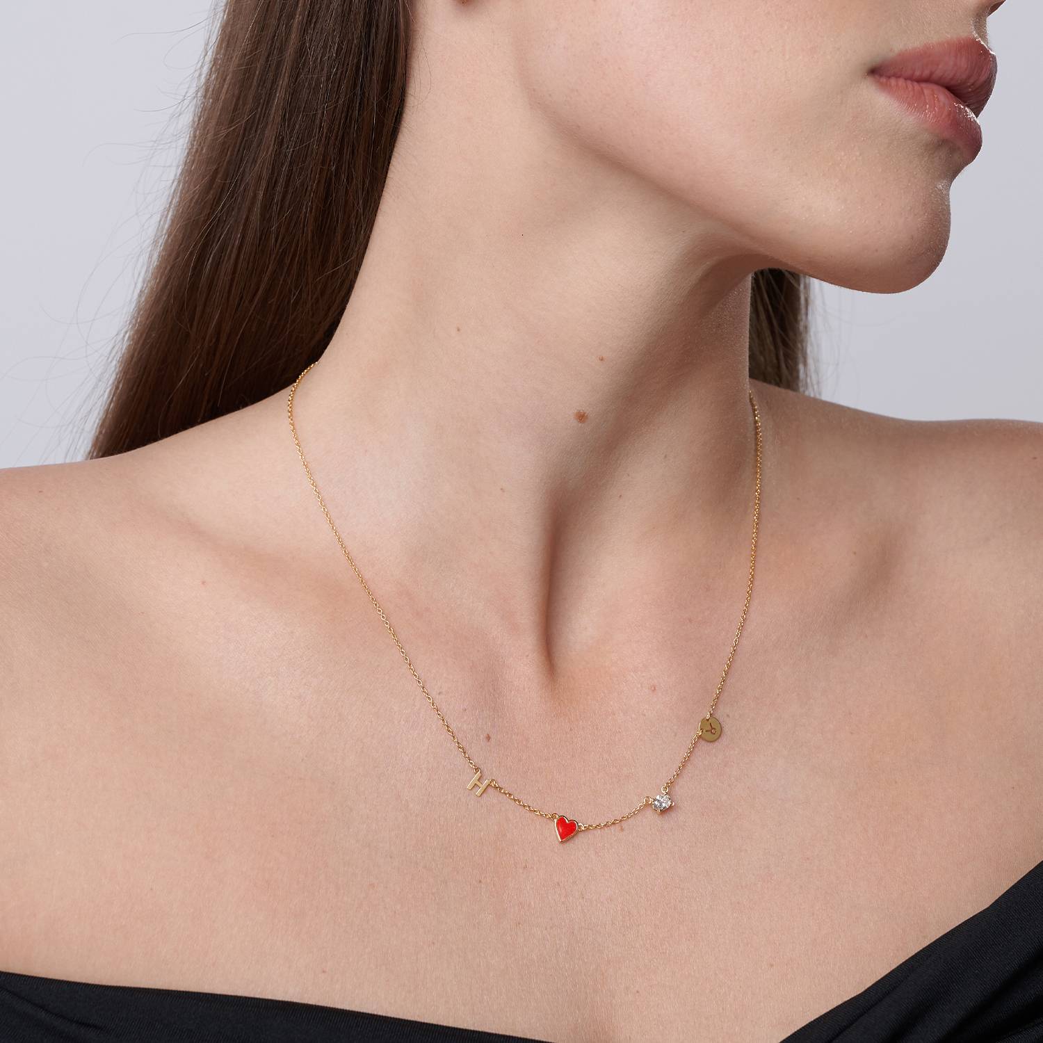 Red Heart Inez Initial Necklace With Premium Diamond - 14K Solid Gold-5 product photo