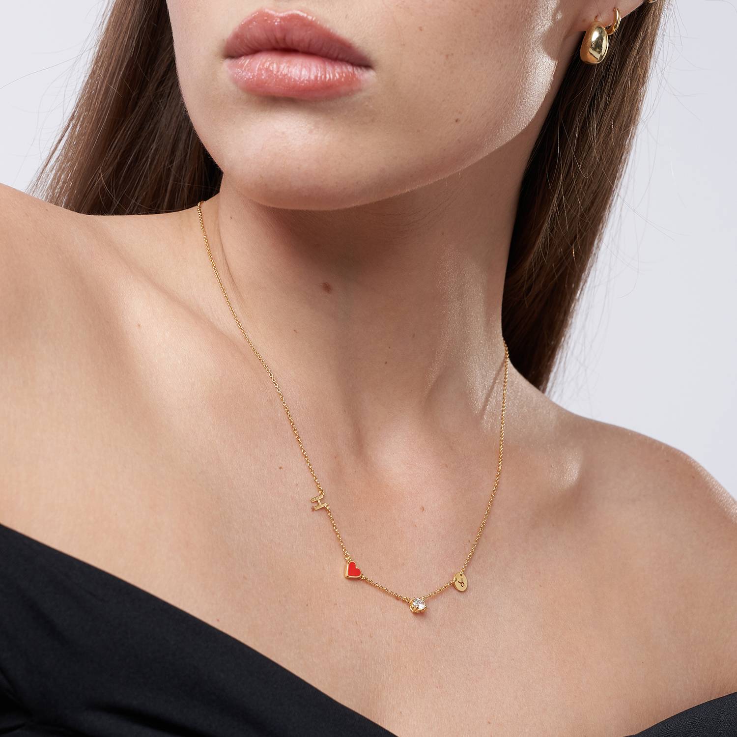 Red Heart Inez Initial Necklace With Premium Diamond - Gold Vermeil-8 product photo