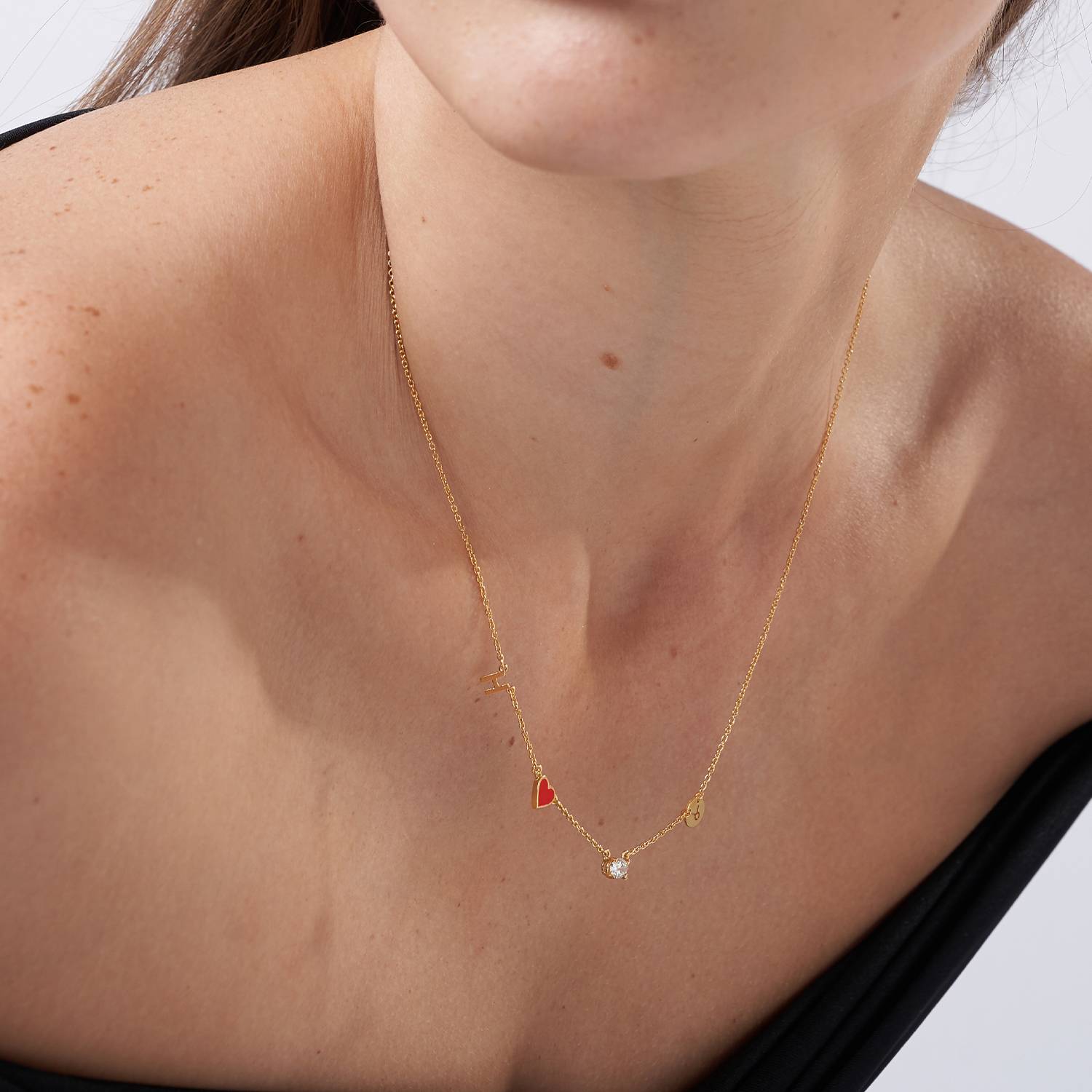 Red Heart Inez Initial Necklace With Premium Diamond - Gold Vermeil-1 product photo