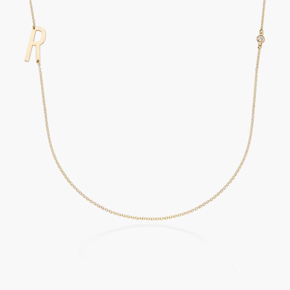 Side Initial Necklace with Diamonds - 14k Solid Gold-4 product photo