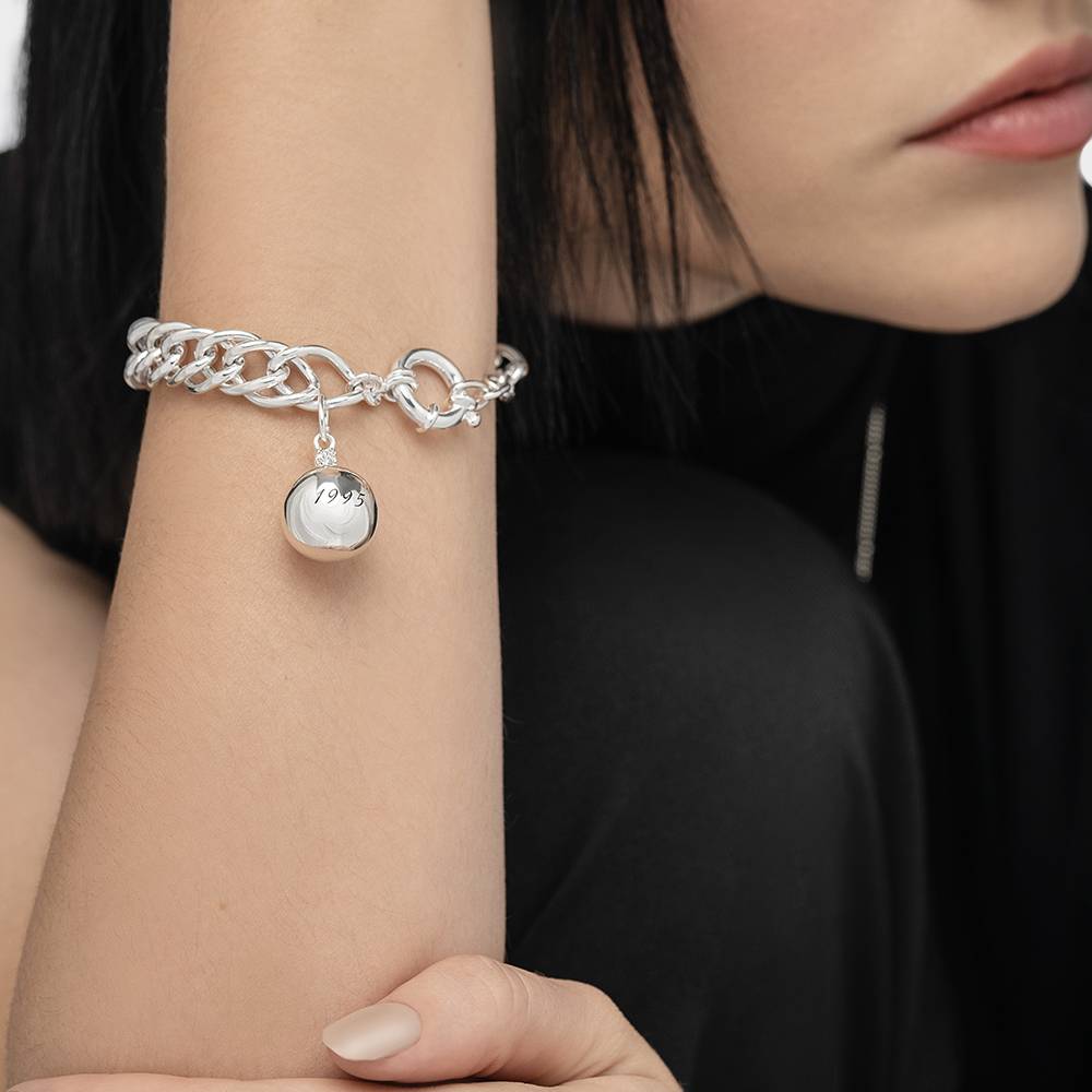 Engraved Sphere Charm Bracelet With Cubic Zirconia - Silver-1 product photo
