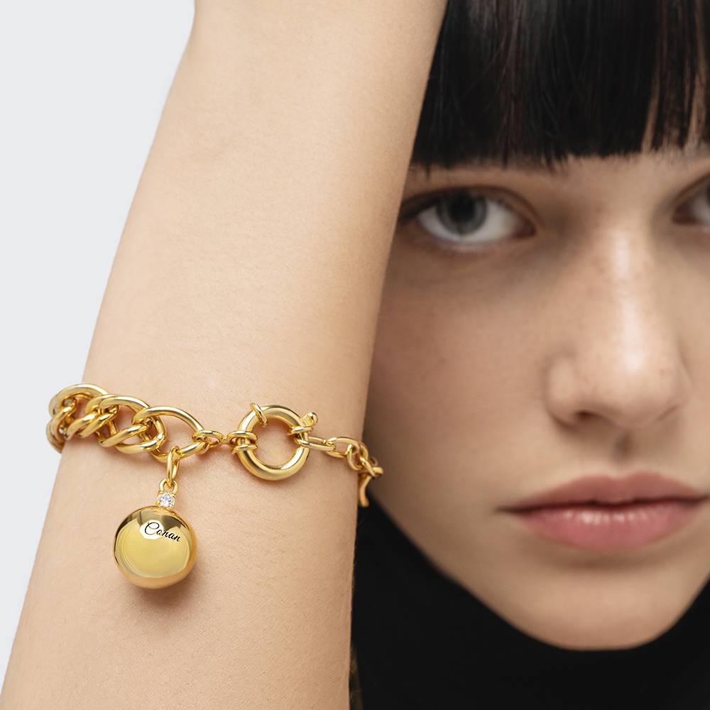 Engraved Sphere Charm Bracelet With Cubic Zirconia - Gold Vermeil-4 product photo