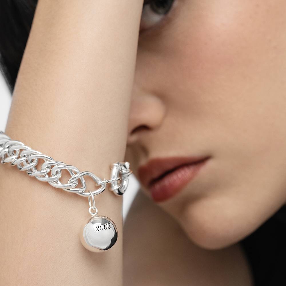 Sterling Silver Sphere Engraved Charm Bracelet