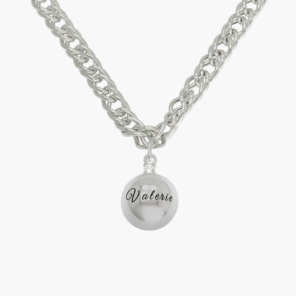 Engraved Sphere Charm on double chain Necklace With Cubic Zirconia - Silver product photo