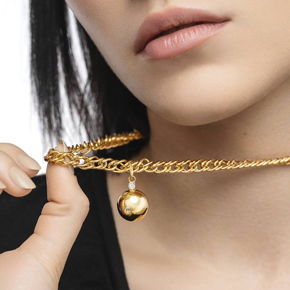 Engraved Sphere Charm on double chain Necklace With Cubic Zirconia - Gold Vermeil product photo