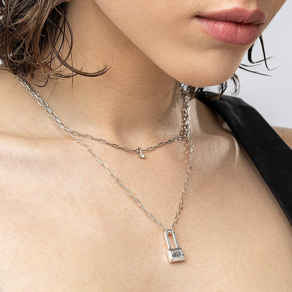 Square Initial Lock Necklace - Silver-5 product photo