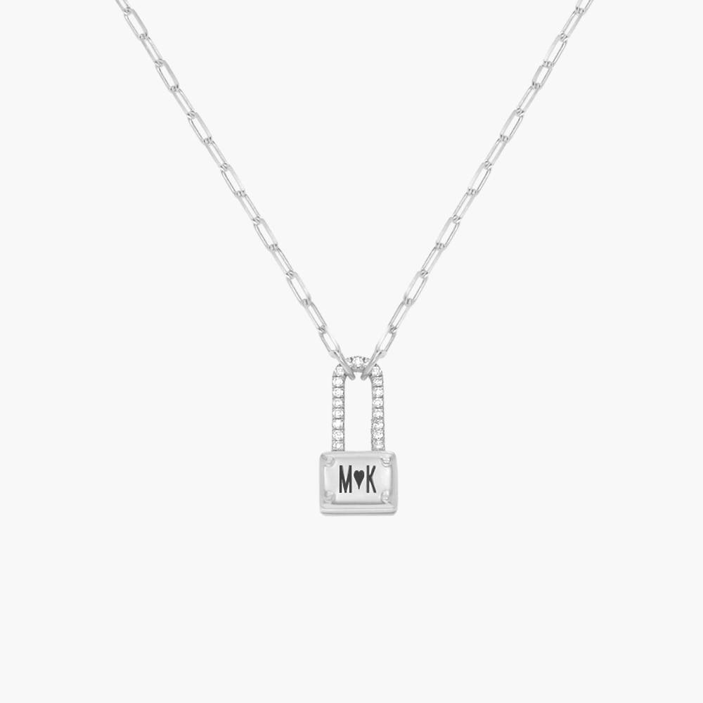 Square Initial Lock Necklace With Diamonds - Silver product photo