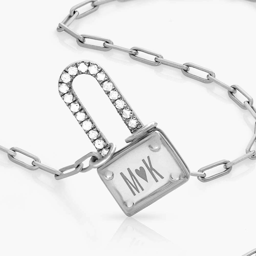 Square Initial Lock Necklace With Diamonds - Silver product photo
