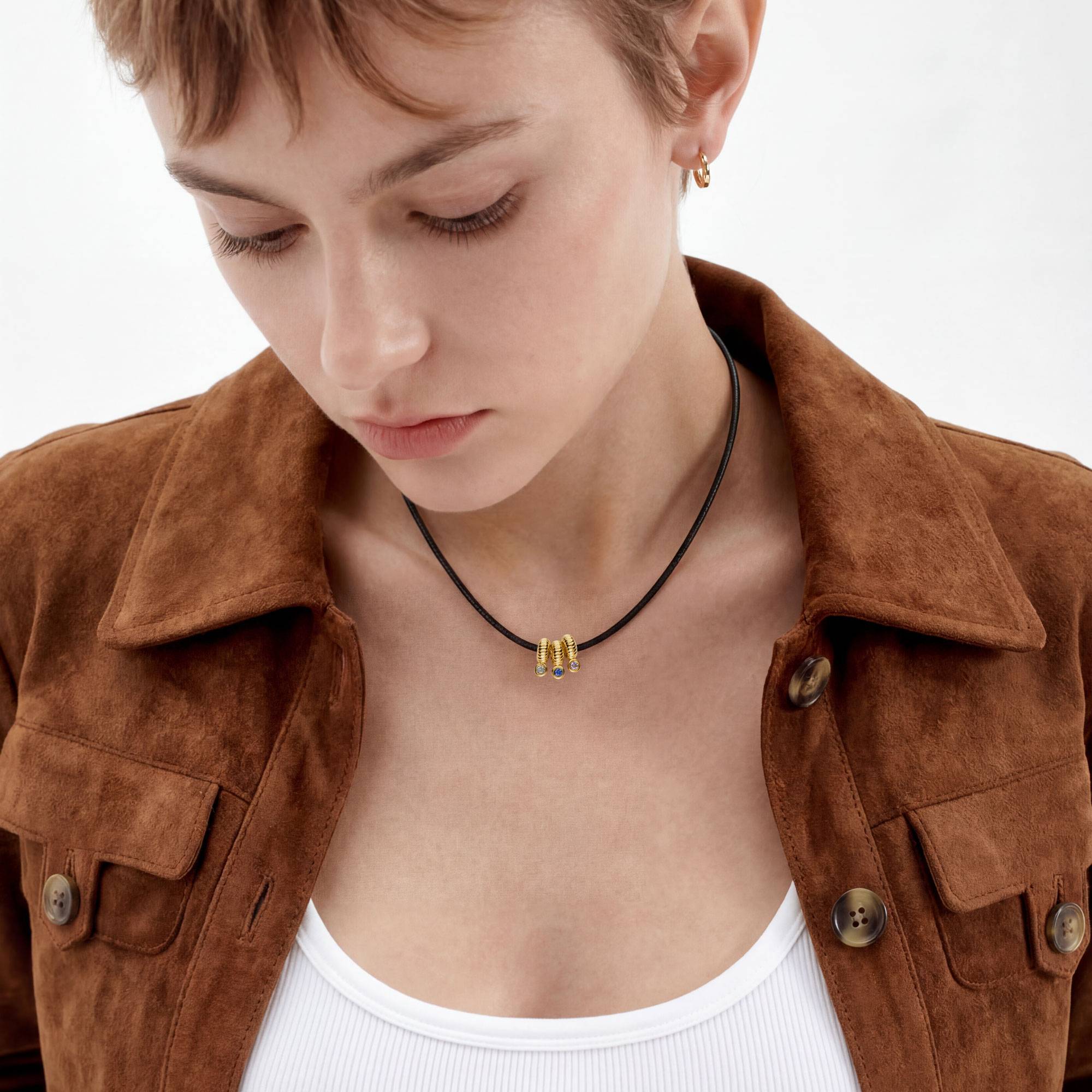 Stacked Birthstone Beads, Leather Cord- Gold-3 product photo