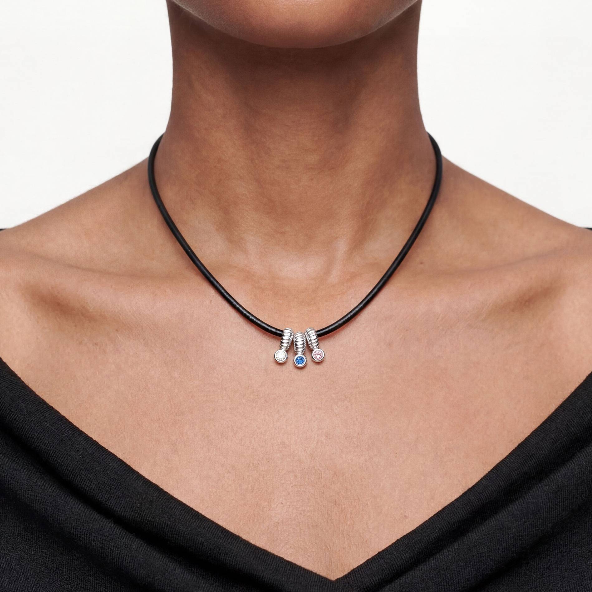 Stacked Birthstone Beads, Leather Cord - Silver-3 product photo