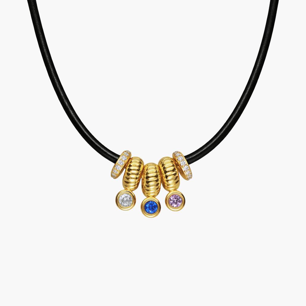 Stacked Birthstone Beads Necklace with sparkling beads, Leather cord - Gold