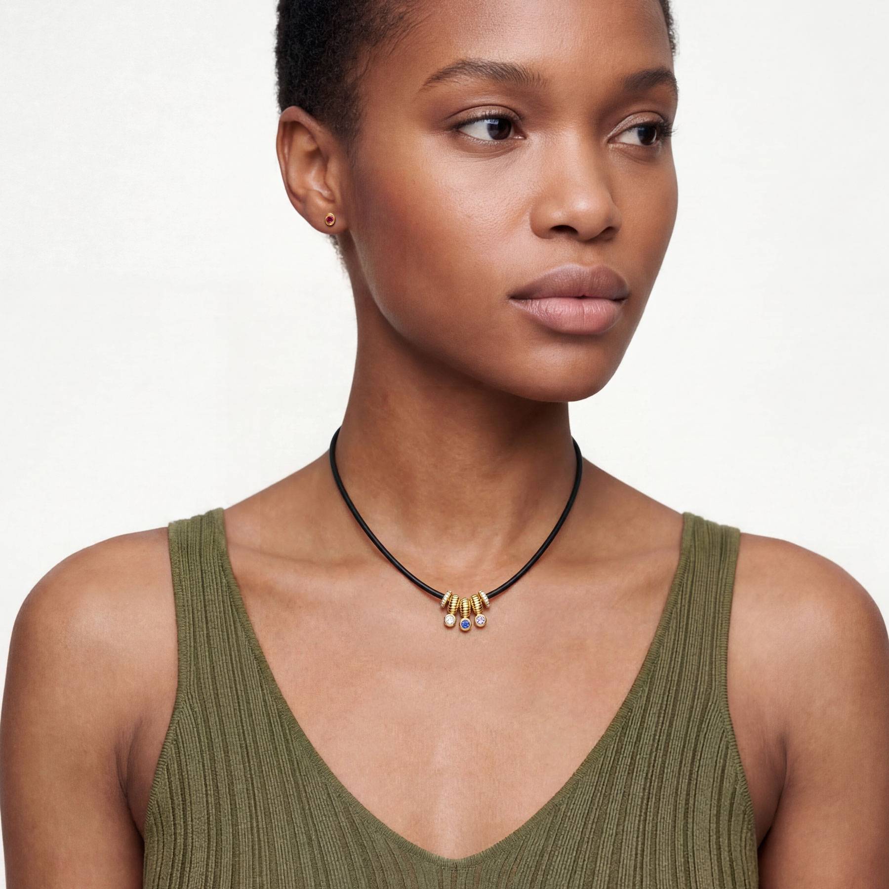 Stacked Birthstone Beads Necklace with sparkling beads, Leather cord- Gold-2 product photo