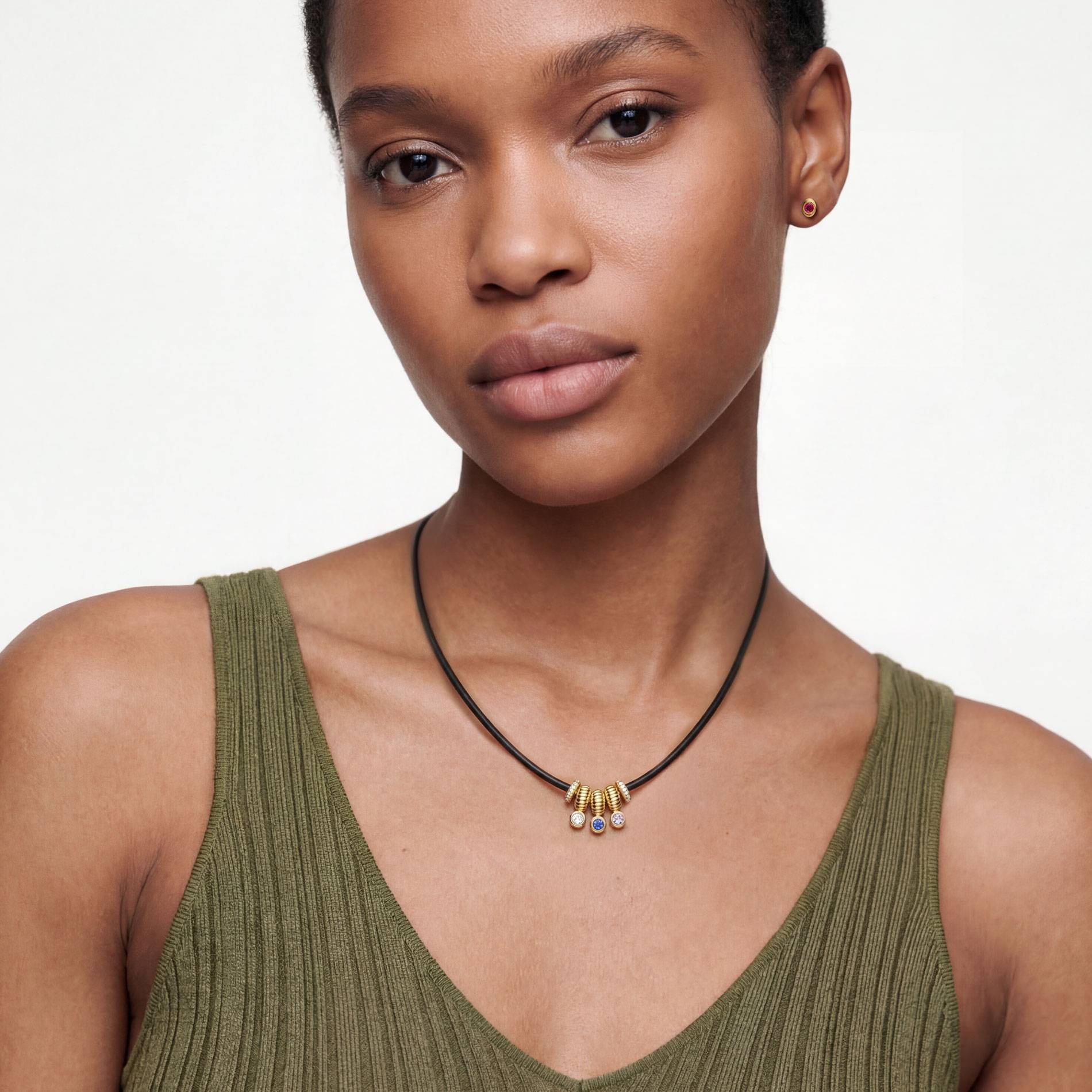 Stacked Birthstone Beads Necklace with sparkling beads, Leather cord- Gold-3 product photo