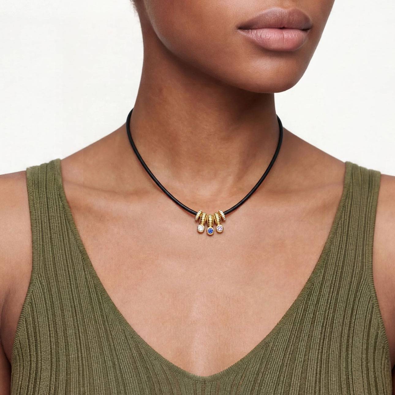 Stacked Birthstone Beads Necklace with sparkling beads, Leather cord - Gold-3 product photo