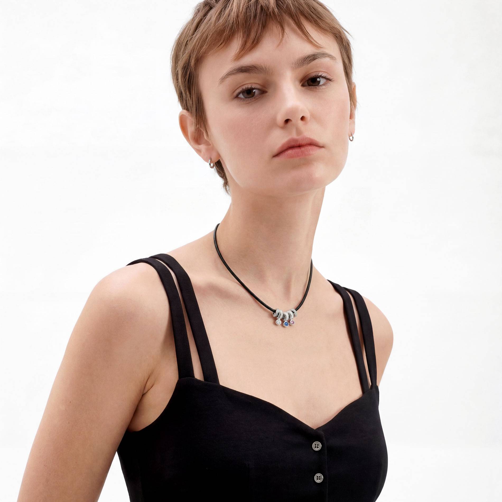 Stacked Birthstone Beads Necklace with sparkling beads, Leather cord - Silver-2 product photo