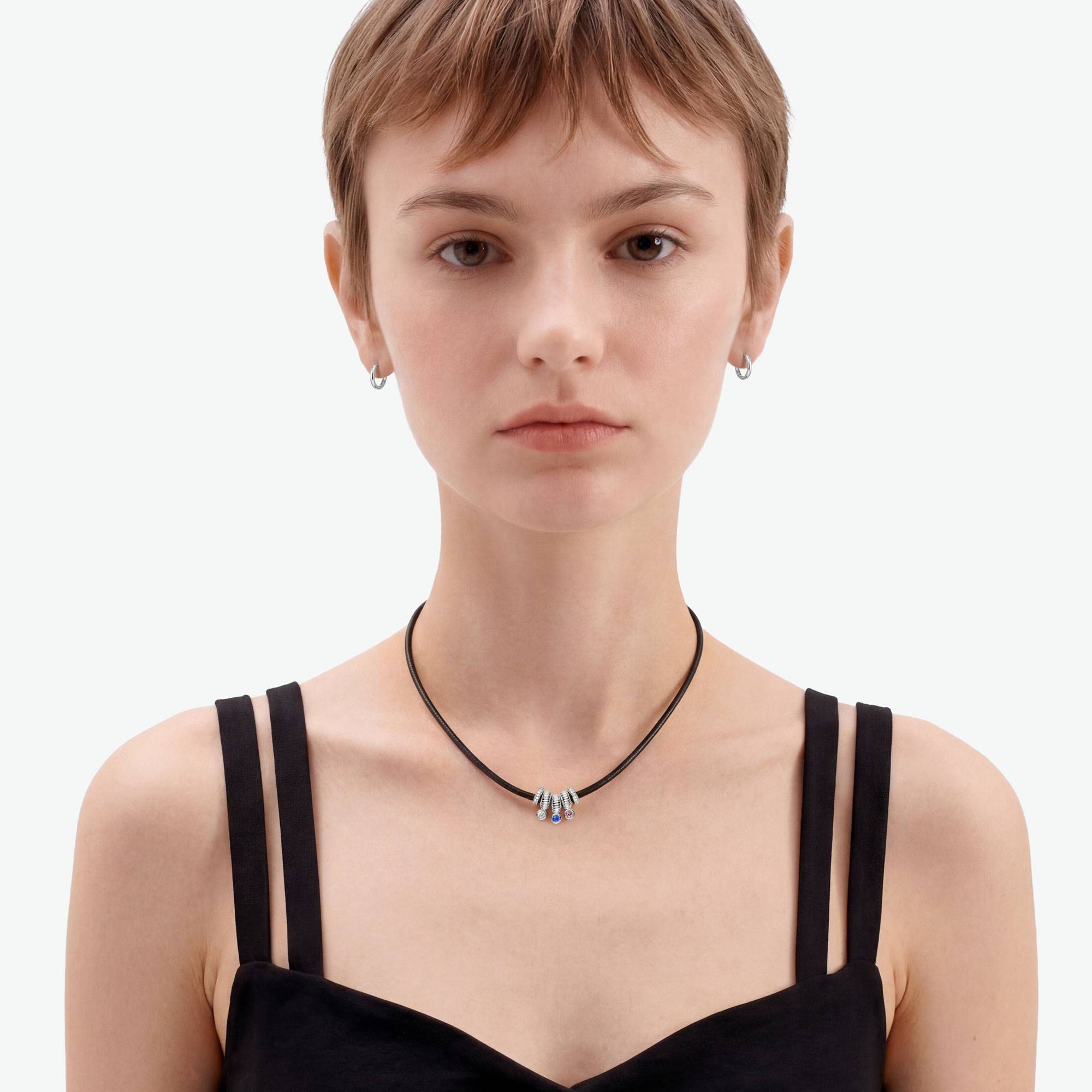 Stacked Birthstone Beads Necklace with sparkling beads, Leather cord - Silver-3 product photo