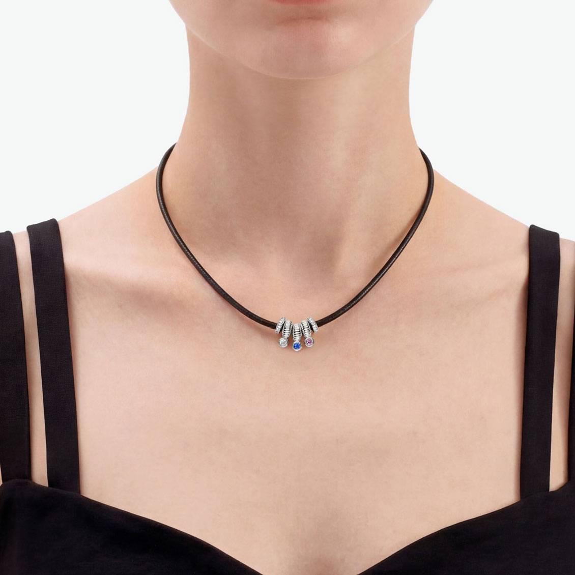 Stacked Birthstone Beads Necklace with sparkling beads, Leather cord - Silver-3 product photo