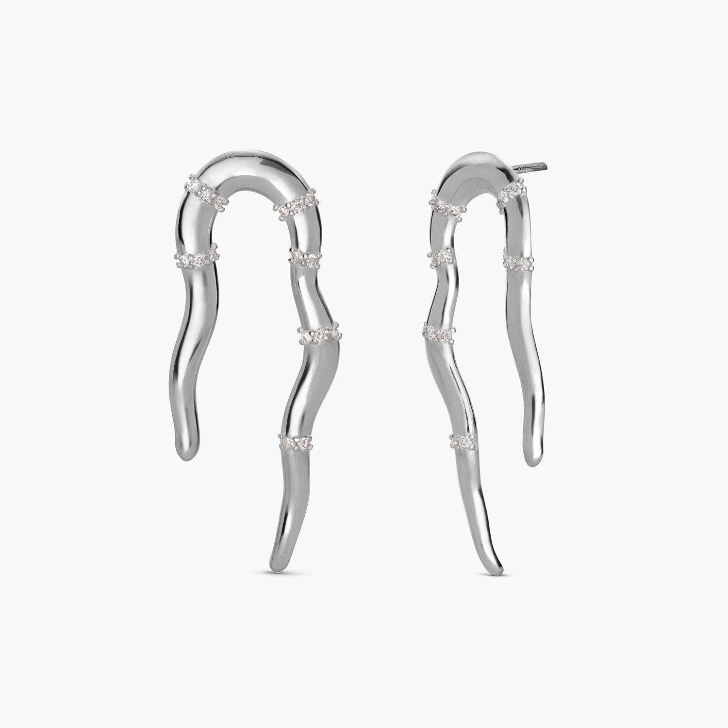 Statement Wave Stud Earrings with Diamonds - Silver