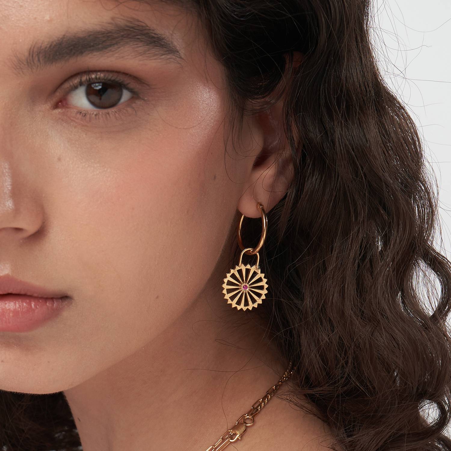 Sun Compass Hoop Earrings with Cubic Zirconia  - Gold Vermeil-2 product photo